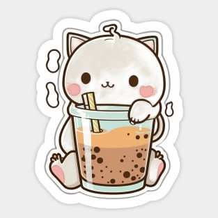 Cute Cat Drinking Bubble Tea Cartoon Boba Drawing Sticker